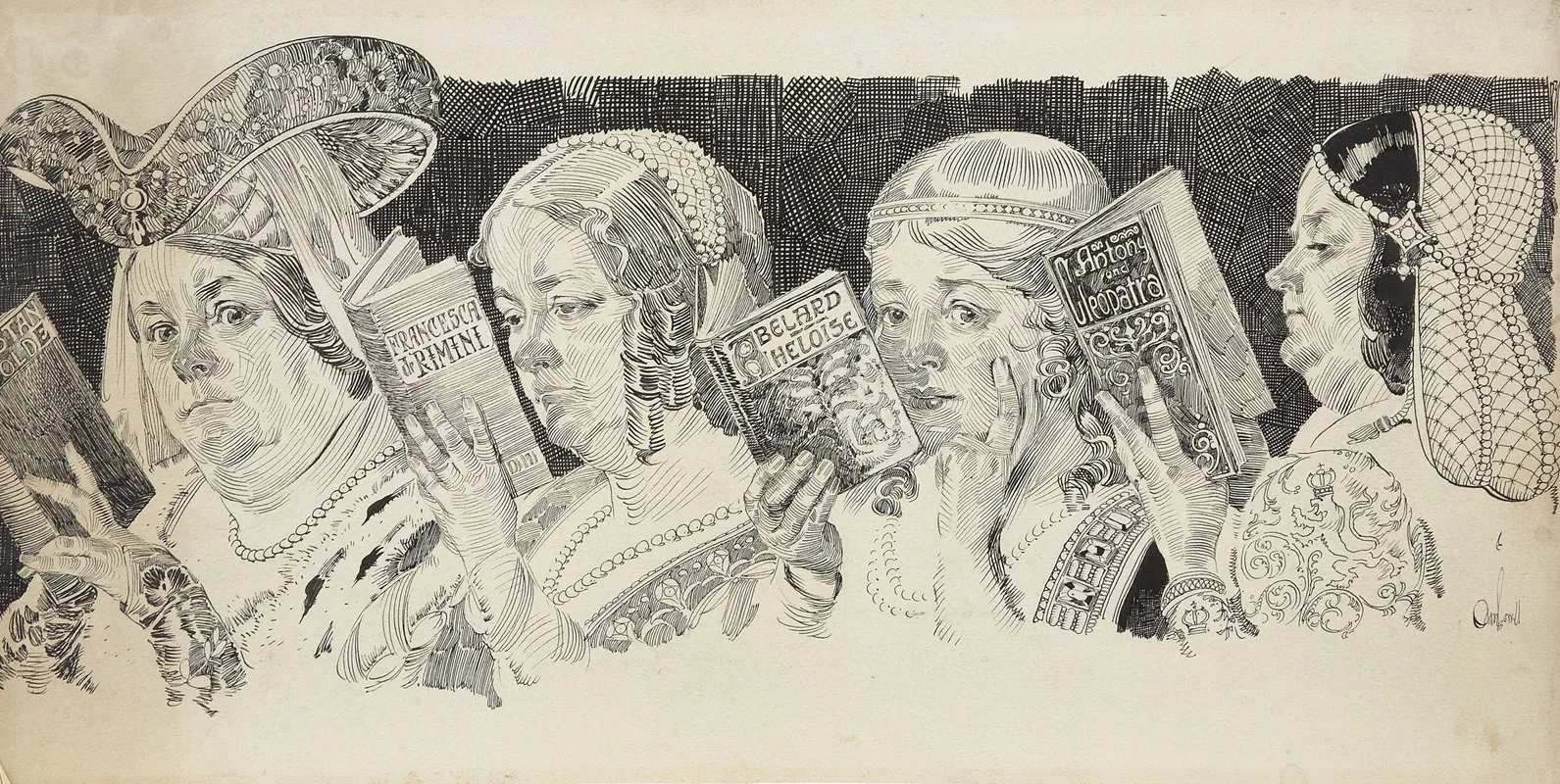 Line Up Of Women Reading Novels Wall Art by Orson Lowell - High-Resolution Digital Print