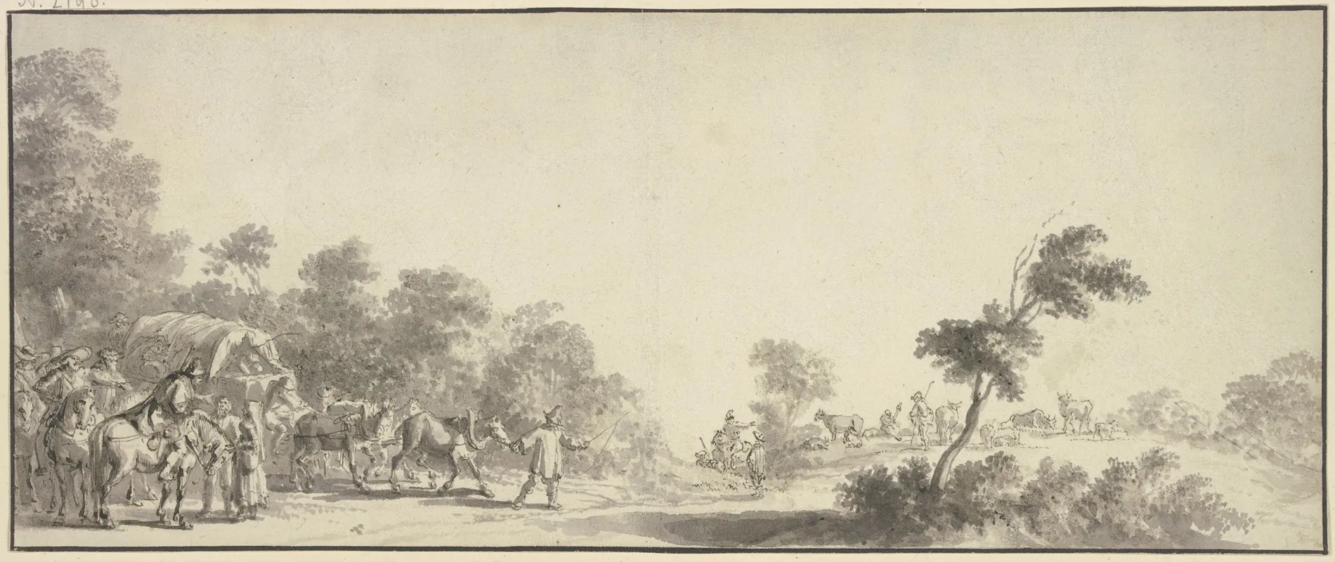 Links Am Ausgang Des Waldes Ein Reisewagen Mit Drei Pferden Umgeben Von Vielen Reitern Rechts Hirten Mit Herde Wall Art by Jan van de Velde II - High-Resolution Digital Print