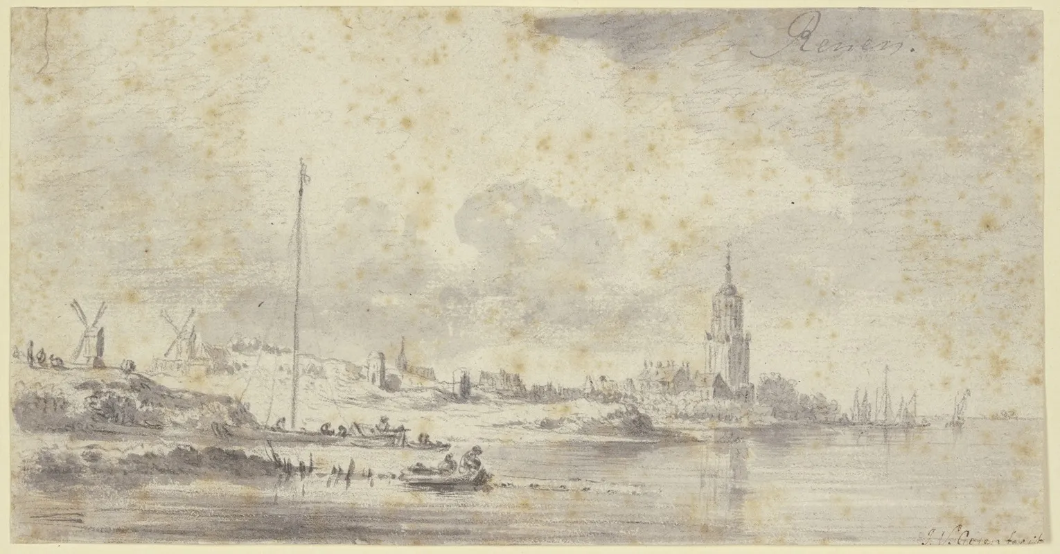 Links An Einem Fluss Eine Stadt Mit Kirche Und Festungsmauer Weiter Links Zwei Windmuhlen
