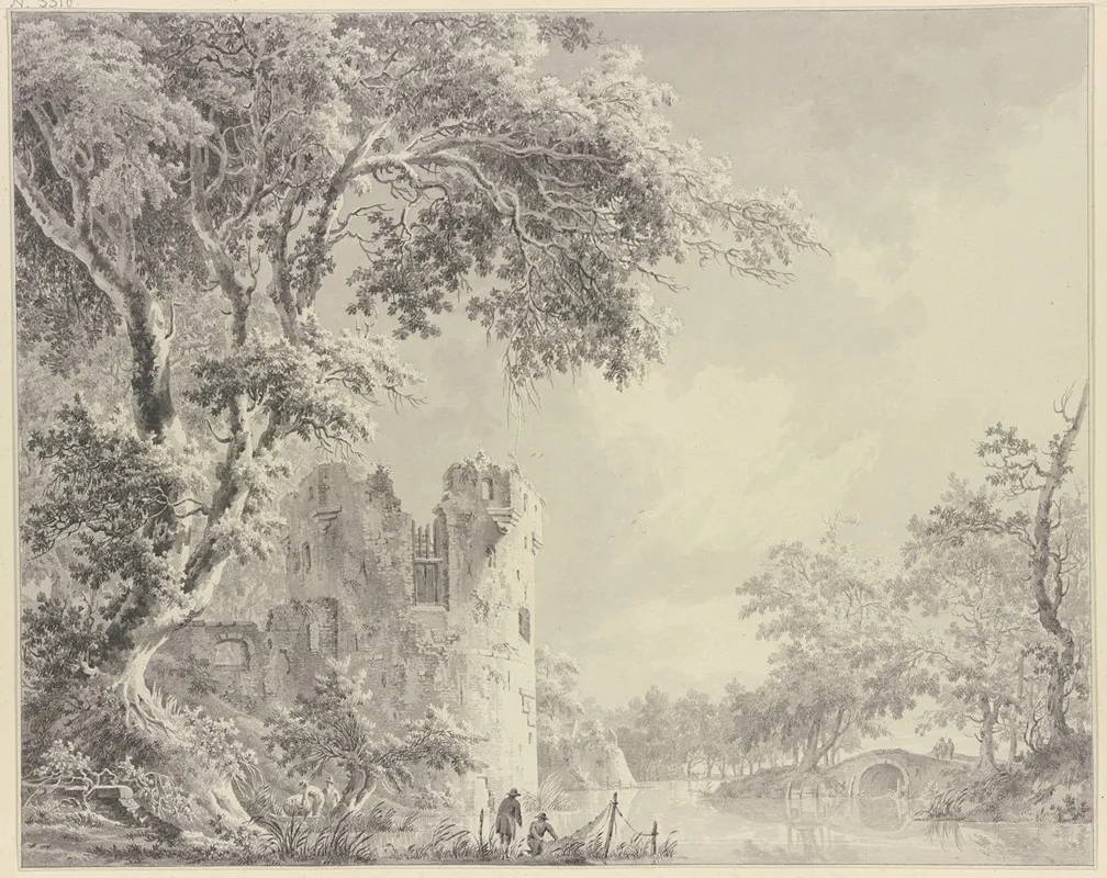 Links Eine Turmruine Am Wasser Rechts Eine Brucke Vorne Zwei Fischer Bei Einem Netz Wall Art by Paulus van Liender - High-Resolution Digital Print