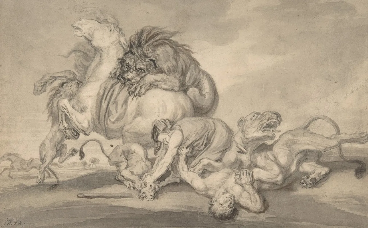 Lions Attacking Two Men And A Horse Wall Art by James Ward - High-Resolution Digital Print
