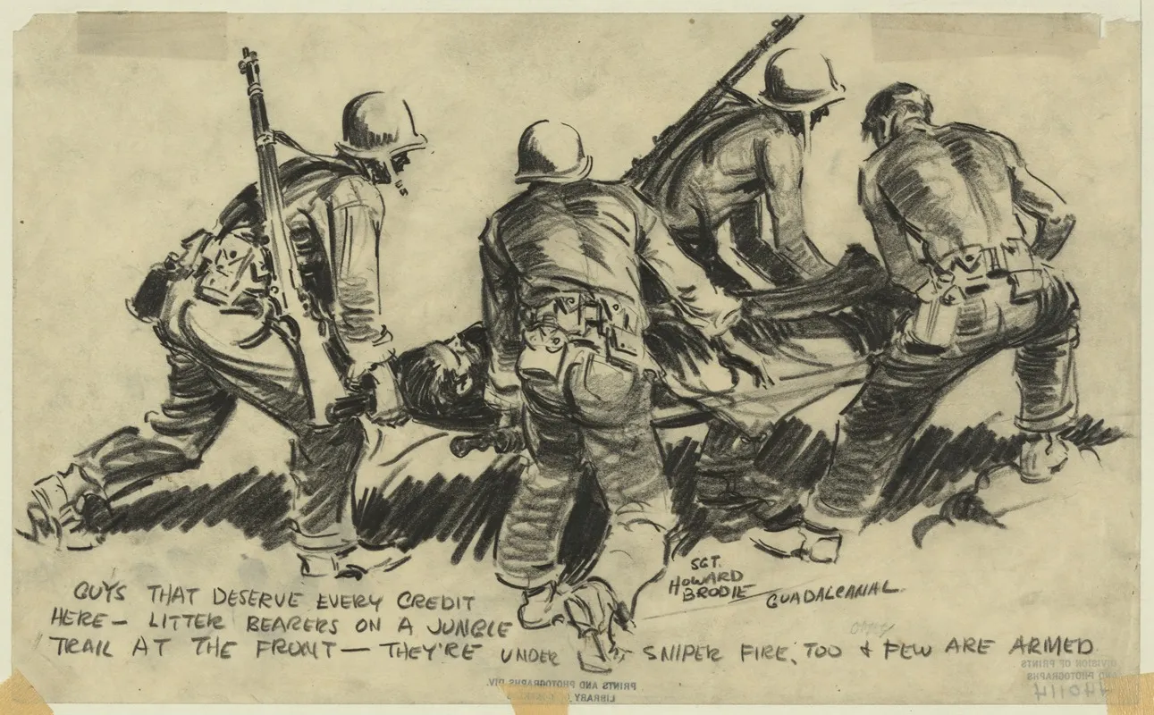 Litter Bearers On A Jungle Trail At The Front Wall Art by Howard Brodie - High-Resolution Digital Print