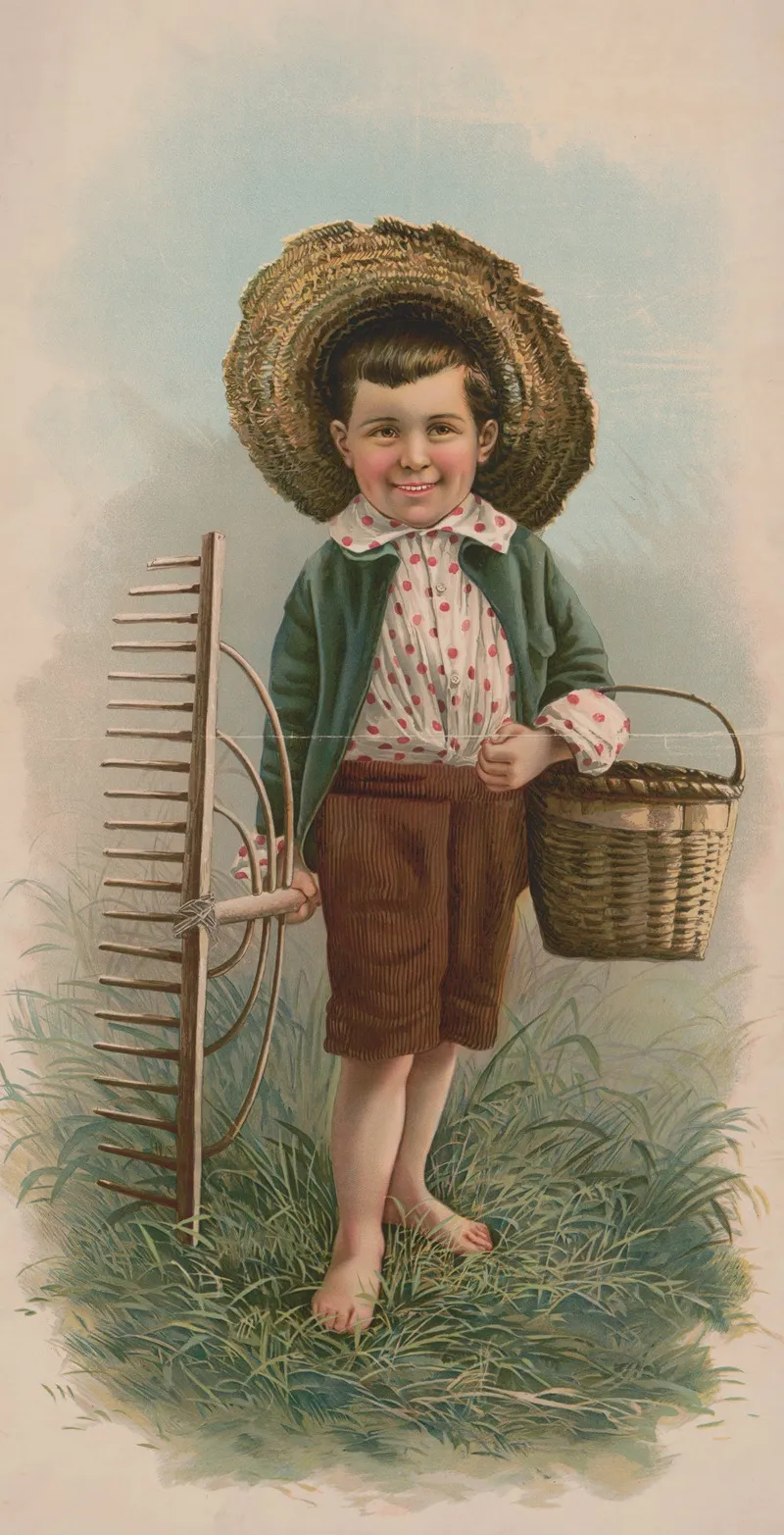 Little Boy With Straw Hat Basket And Rake Wall Art by Julius Bien &amp; Company - High-Resolution Digital Print