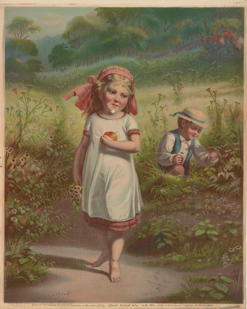 Little Girl And A Little Boy Picking Fruits And Flowers
