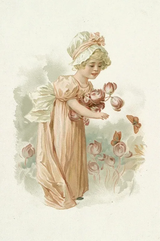 Little Girl With Pink Flowers And Butterflies