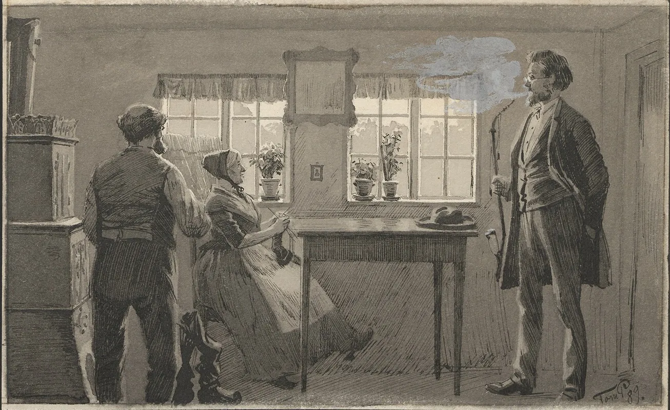 Living Room A Woman Is Knitting At The Table One Man Is Smoking A Pipe Another Is Looking Out The Window