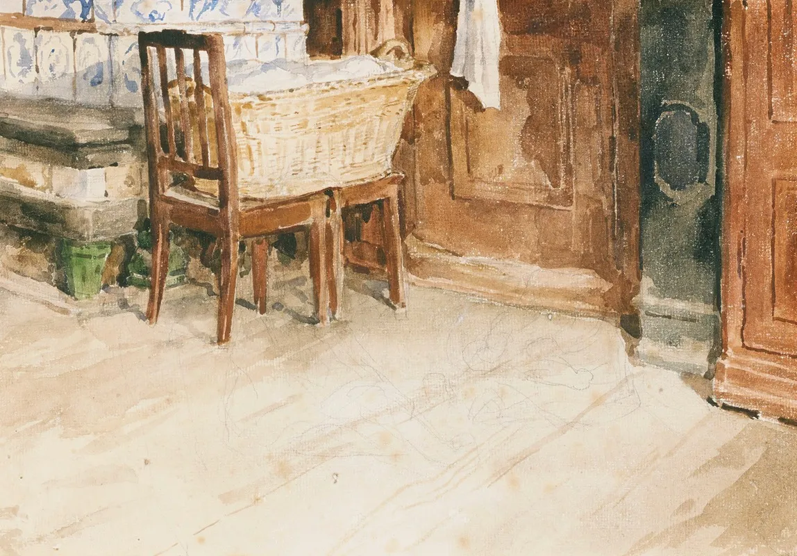 Living Room Corner With Laundry Basket Wall Art by Albert Anker - High-Resolution Digital Print