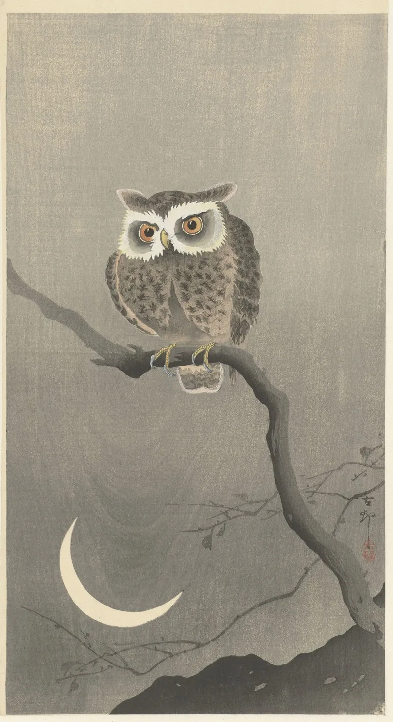 Long Eared Owl On Bare Tree Branch Wall Art by Ohara Koson - High-Resolution Digital Print