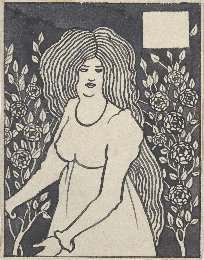 Long Haired Woman In Front Of Tall Rosebushes 2 Wall Art by Aubrey Vincent Beardsley - High-Resolution Digital Print