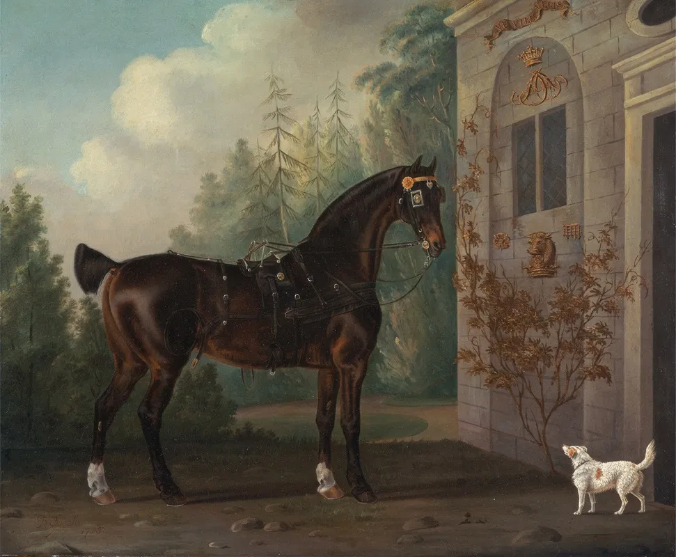 Lord Abergavennys Dark Bay Carriage Horse With A Terrier Wall Art by Thomas Gooch - High-Resolution Digital Print