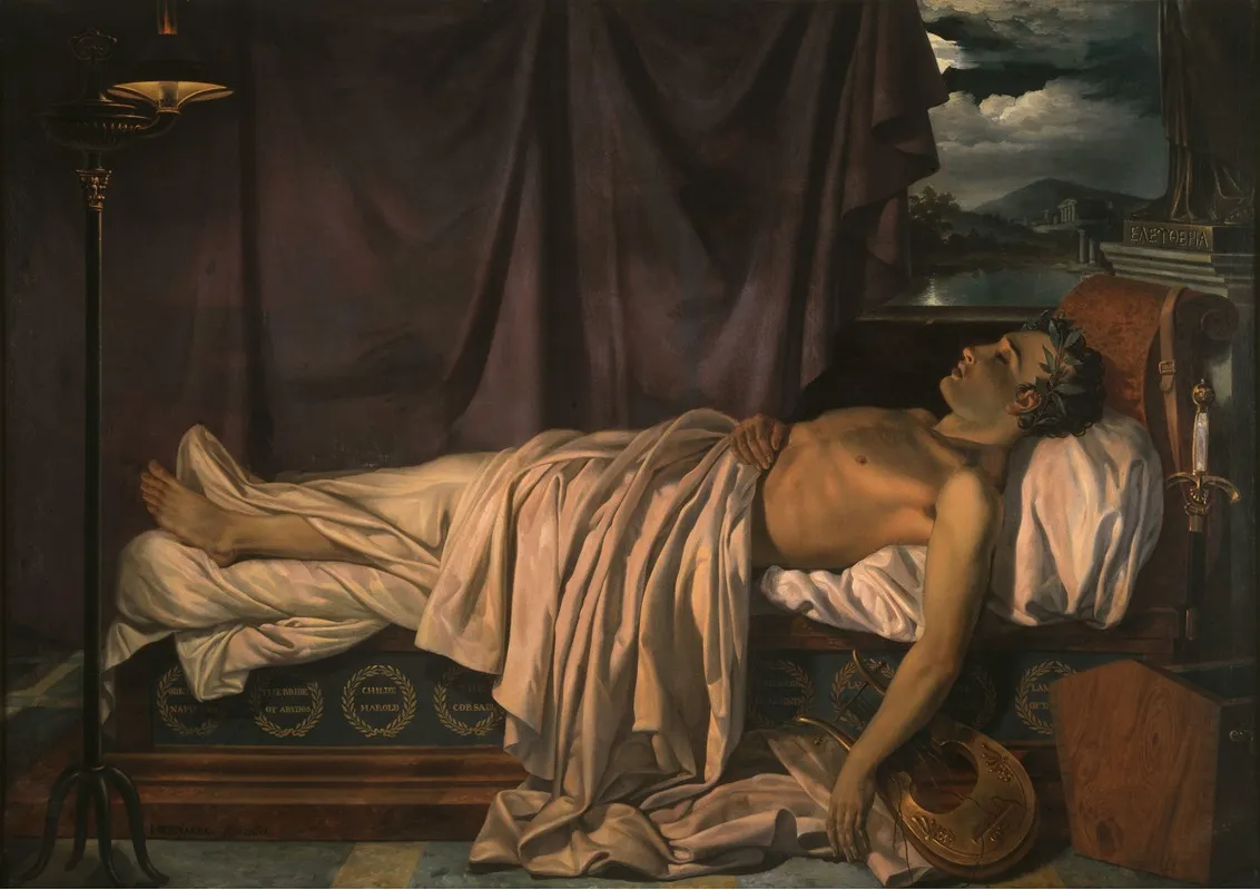 Lord Byron On His Death Bed Wall Art by Joseph Denis Odevaere - High-Resolution Digital Print