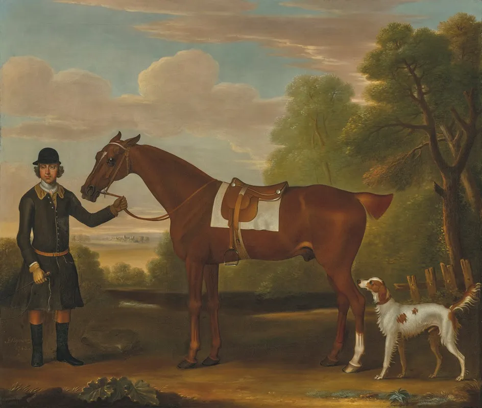 Lord Portmores Snap A Saddled Chestnut Hunter Held By A Groom With A Setter In A Landscape