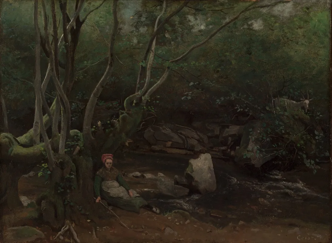 Lormes Goat Girl Sitting Beside A Stream In A Forest