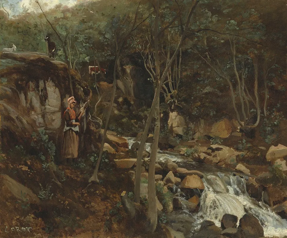 Lormes Un Torrent Avec Une Chevriere Debout Filant Wall Art by Jean-Baptiste-Camille Corot - High-Resolution Digital Print