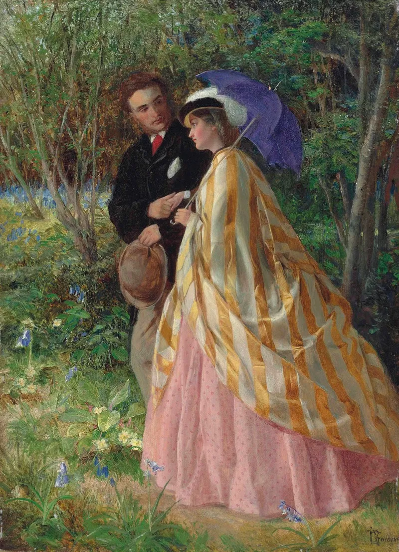 Lovers Conversing In A Bluebell Wood Wall Art by John Bagnold Burgess - High-Resolution Digital Print
