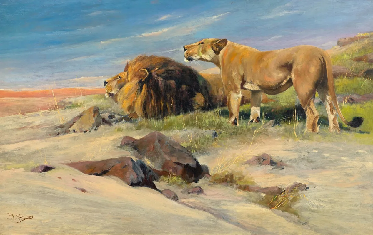 Lowenpaar In Der Steppe Wall Art by Wilhelm Kuhnert - High-Resolution Digital Print