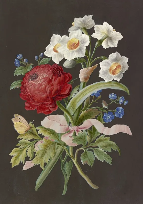 Lumengebinde Mit Roter Ranunkel Ranunculus Weiser Tazette Narcissus Tazetta Und Blauer Blume Mit Postillon