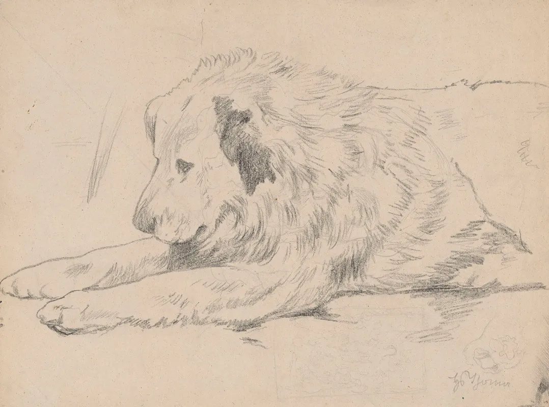 Lying Dog With A Design Of A Multi Figure Composition Below Wall Art by Hans Thoma - High-Resolution Digital Print