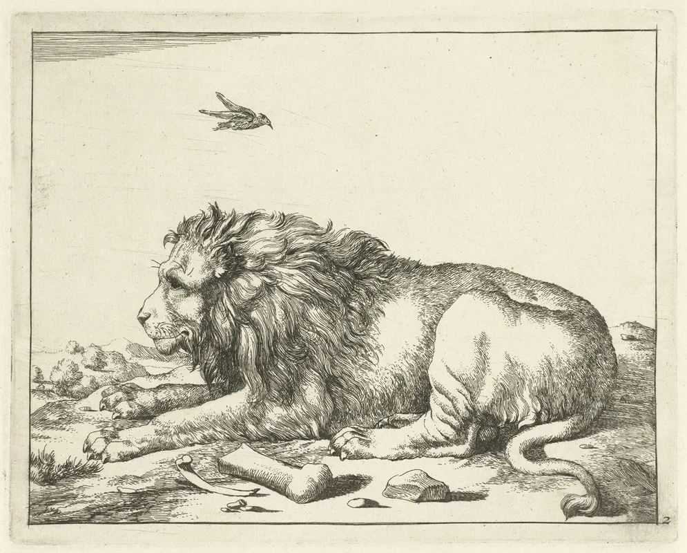 Lying Lion With Bird Above Wall Art by Marcus de Bye - High-Resolution Digital Print