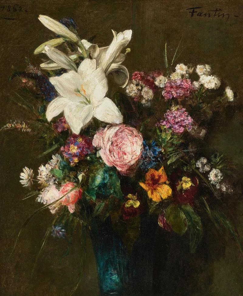 Lys Et Fleurs Diverses Dans Un Vase Bleu Wall Art by Henri Fantin-Latour - High-Resolution Digital Print