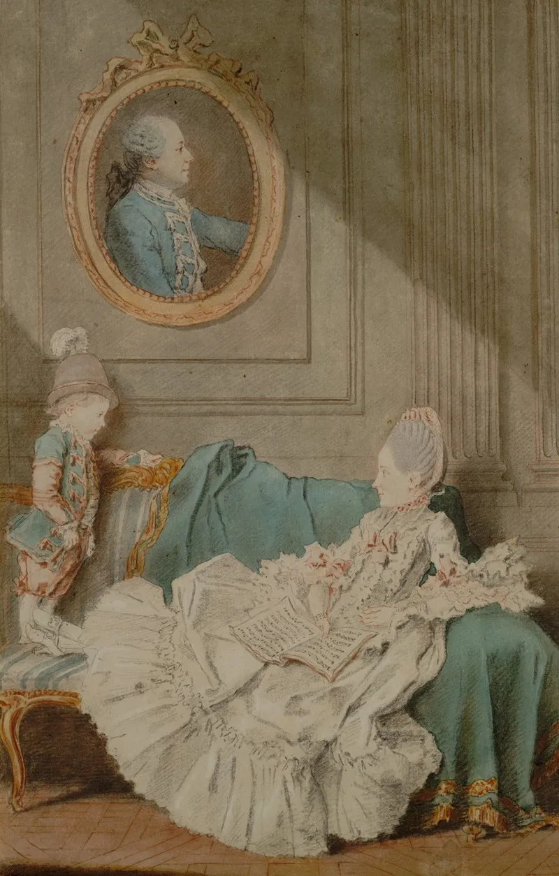 Madame Millin Du Perreux And Her Son With A Painted Portrait Of Monsieur Jerome Robert Millin Du Perreux Wall Art by Louis Carmontelle - High-Resolution Digital Print