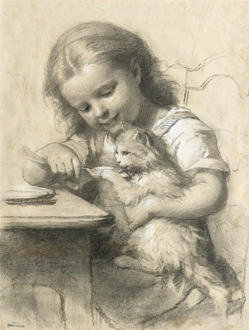 Madchen Beim Futtern Einer Katze Wall Art by Fritz Zuber-Bühler - High-Resolution Digital Print