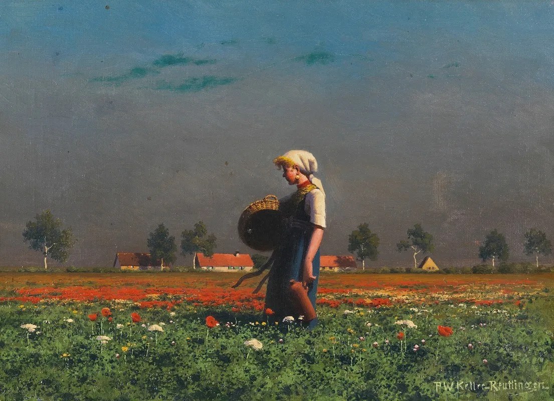 Madchen Mit Korb Und Flasche Im Mohnblumenfeld