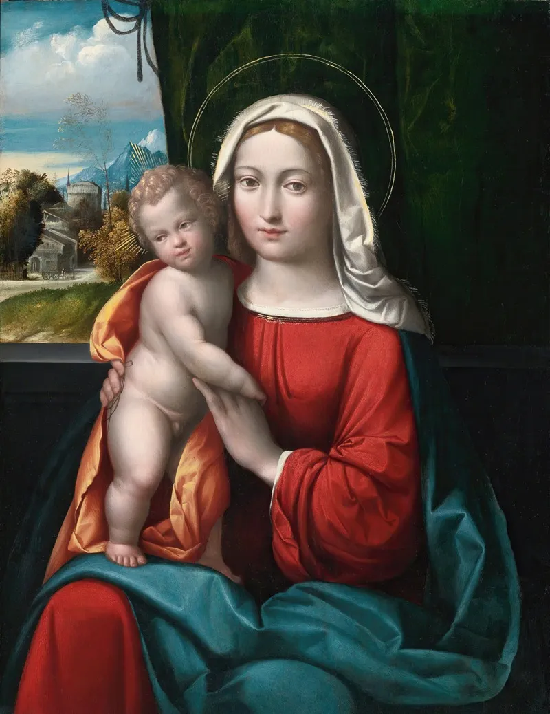 Madonna And Child Before A Curtain A Mountainous Landscape Beyond