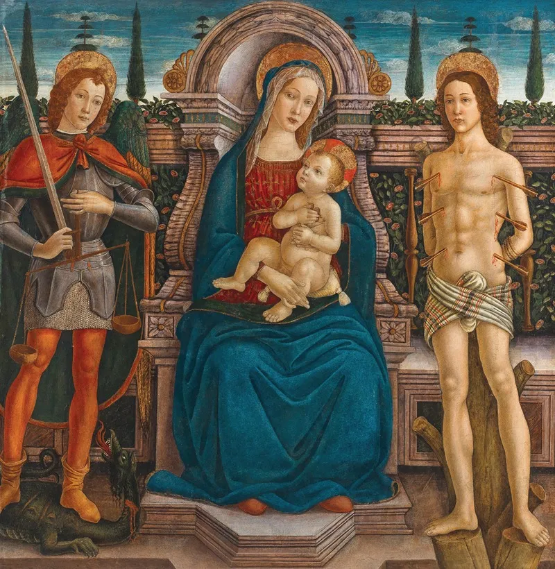 Madonna And Child Enthroned With Saint Michael And Saint Sebastian Wall Art by Filippo d’Antonio Filippelli - High-Resolution Digital Print