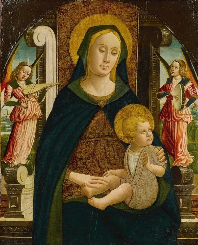 Madonna And Child Enthroned With Two Angels 2 Wall Art by Giovanni Mazone - High-Resolution Digital Print