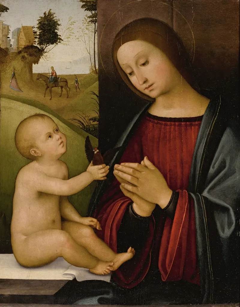 Madonna And Child Holding A Goldfinch Wall Art by Master of the Assumption of the Magdalene - High-Resolution Digital Print