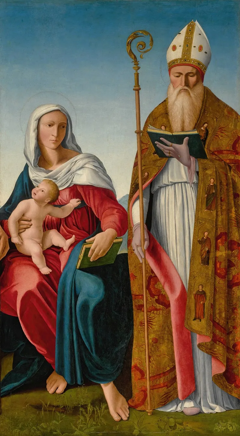 Madonna And Child With A Bishop Saint Wall Art by Francesco Marmitta - High-Resolution Digital Print