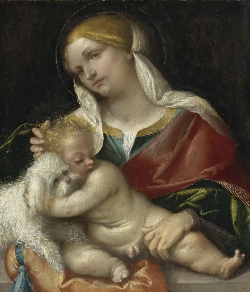 Madonna And Child With A Dog Wall Art by Moretto Da Brescia - High-Resolution Digital Print