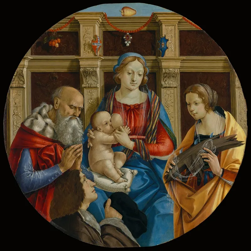 Madonna And Child With A Male Saint Catherine Of Alexandria And A Donor Wall Art by Michelangelo di Pietro Membrini - High-Resolution Digital Print