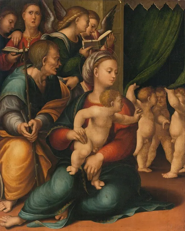Madonna And Child With Joseph And Angels Wall Art by Gaspare Sacchi - High-Resolution Digital Print