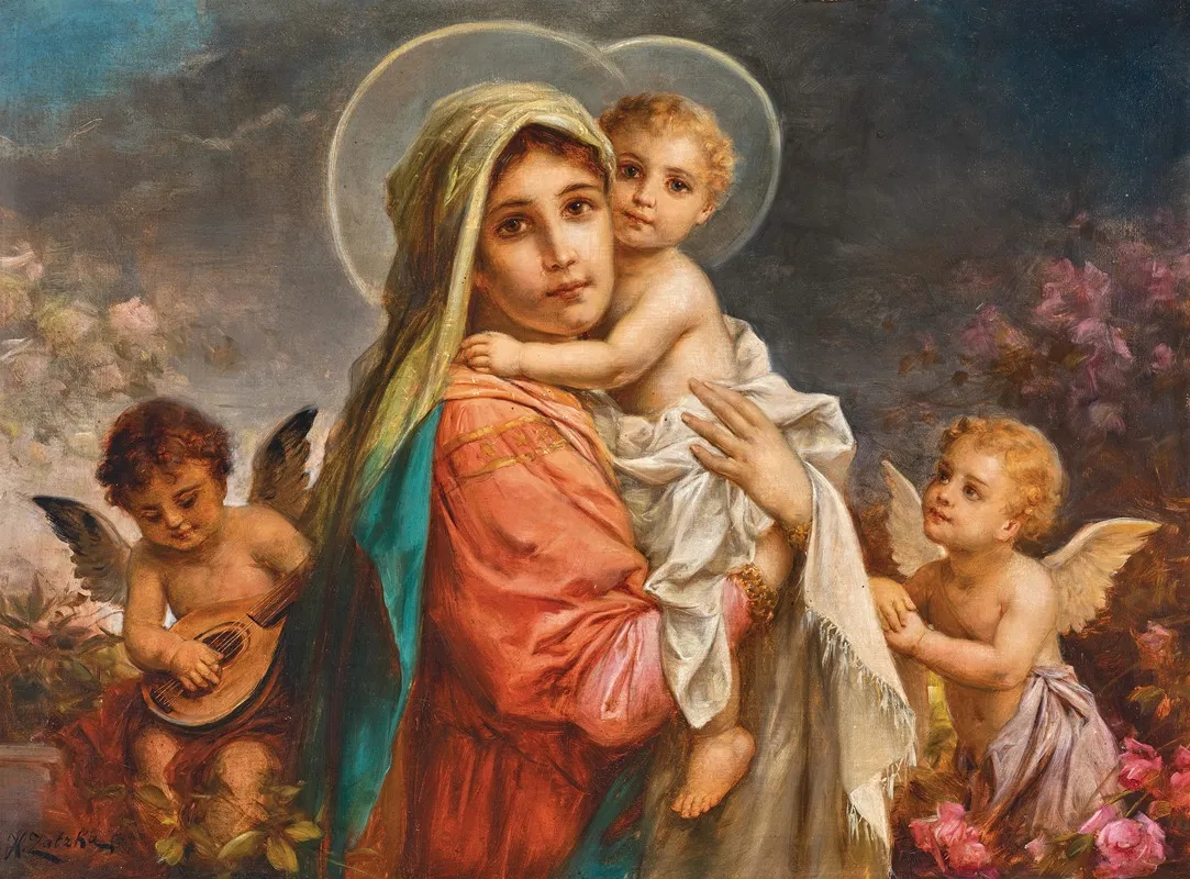 Madonna And Child With Putti Wall Art by Hans Zatzka - Canvas Print