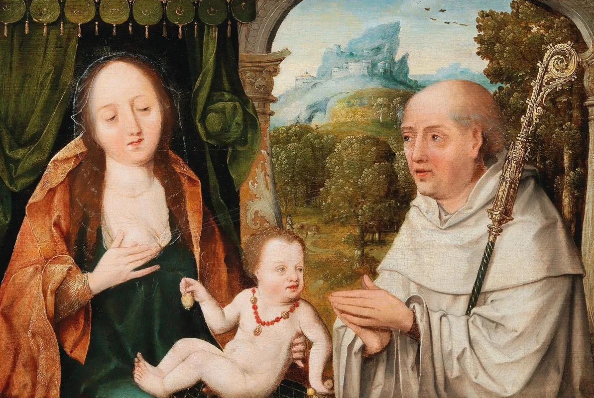 Madonna And Child With Saint Bernard Of Clairvaux Wall Art by School of Bruges - High-Resolution Digital Print