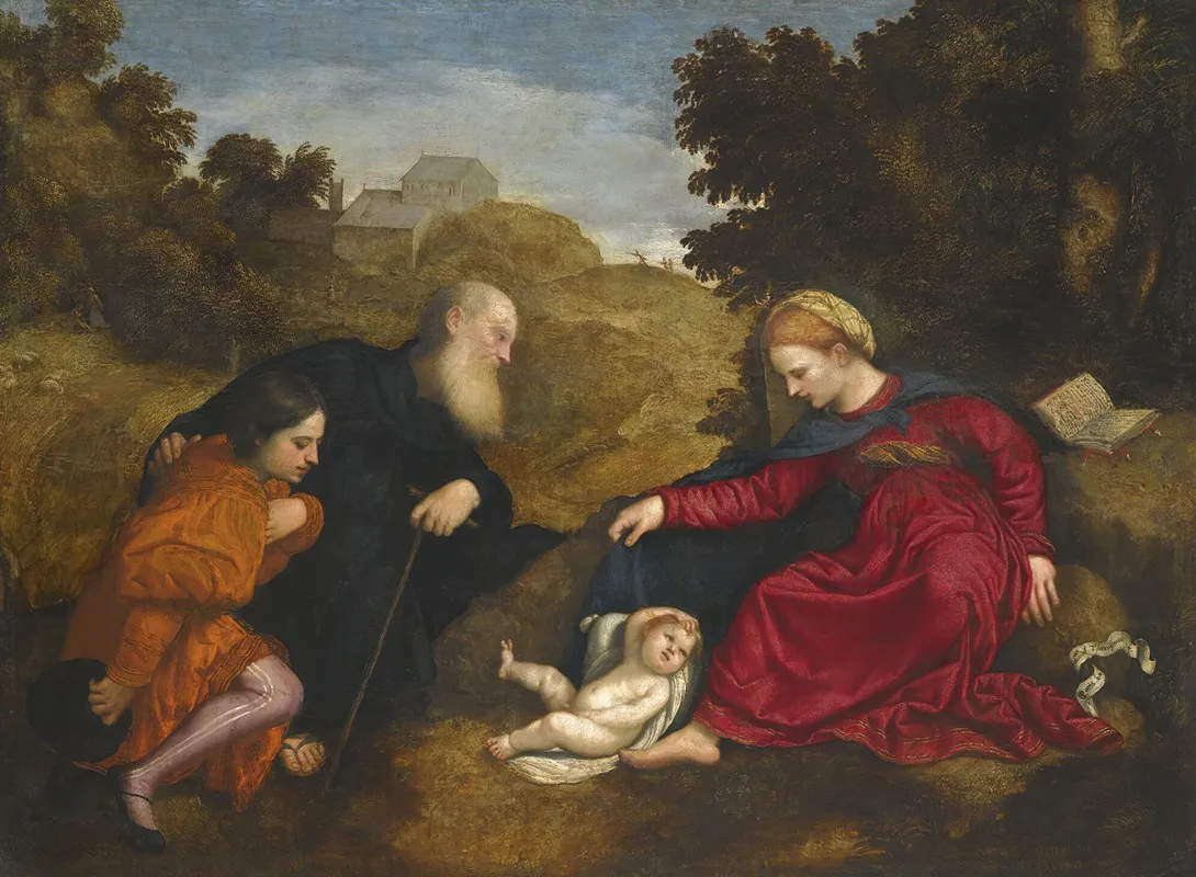Madonna And Child With St Anthony Abbot And A Young Male Donor Wall Art by Paris Bordone - High-Resolution Digital Print
