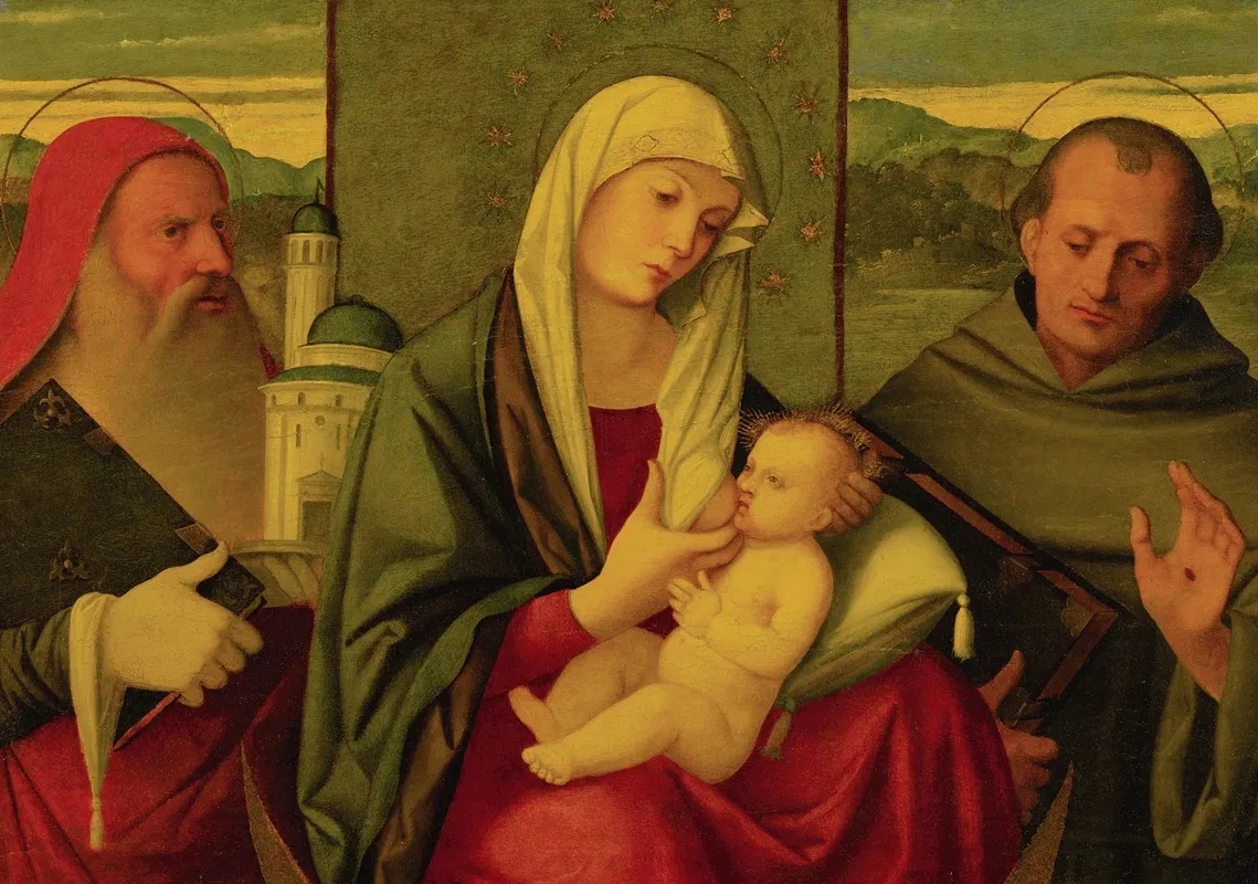Madonna And Child With St Jerome And St Francis Wall Art by Girolamo da Santacroce - High-Resolution Digital Print