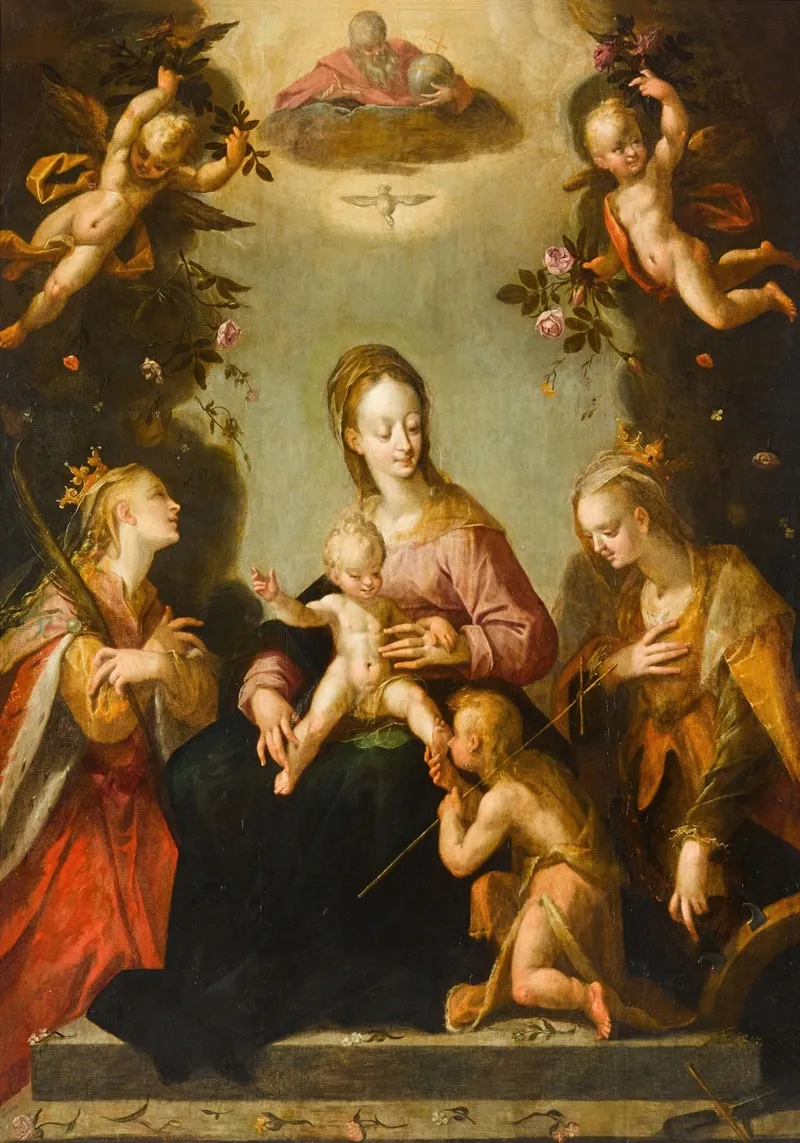 Madonna And Child With The Infant Saint John The Baptist Saint Catherine Of Alexandria Another Female Martyr Saint And God The Father Wall Art by Pieter Fransz. Isaacsz. - High-Resolution Digital Print