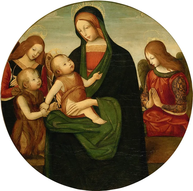 Madonna And Child With The Young Saint John The Baptist And Two Angels Wall Art by Master of the Greenville Tondo - High-Resolution Digital Print