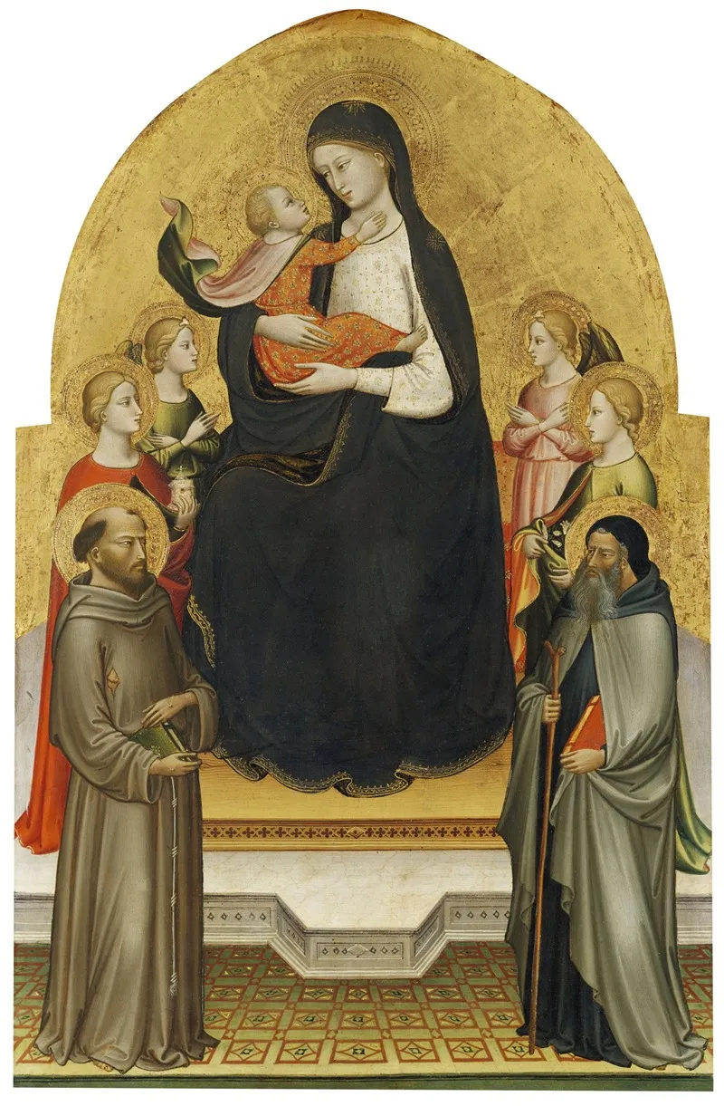 Madonna And Christ Child With Angels And Saints Mary Magdalene Francis Dorothy And Anthony Abbot Wall Art by Mariotto di Nardo - High-Resolution Digital Print