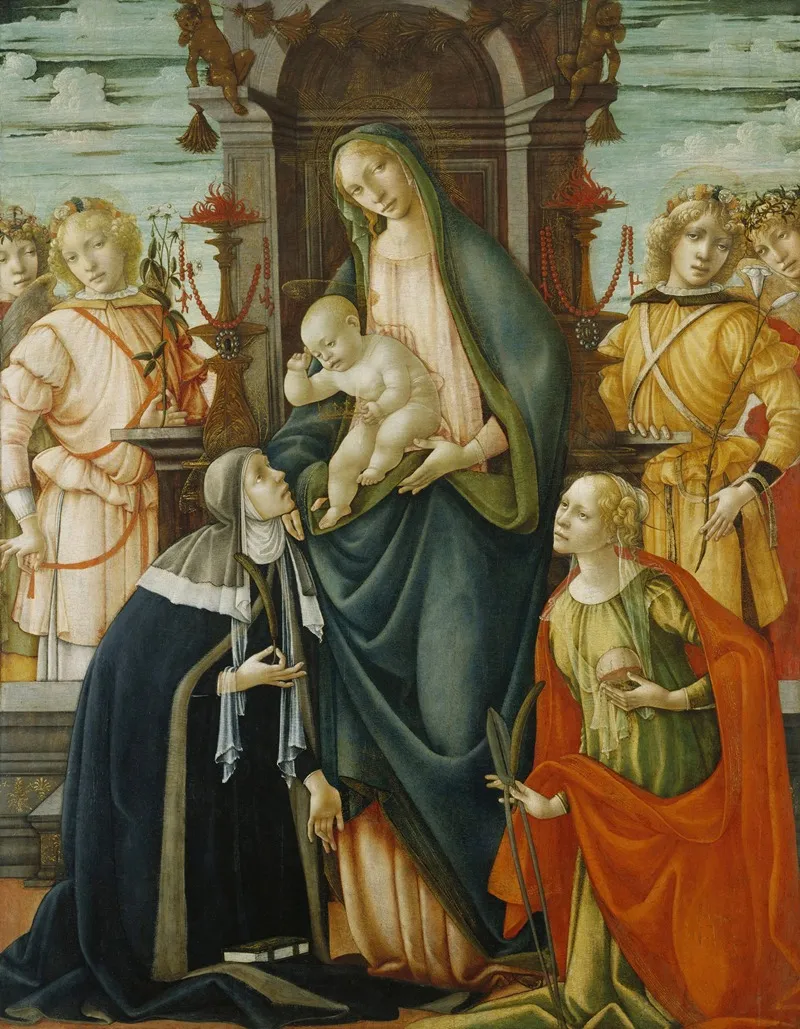 Madonna And Christ Child With Angels Saints Paula And Agatha Wall Art by Michele Ciampanti - High-Resolution Digital Print