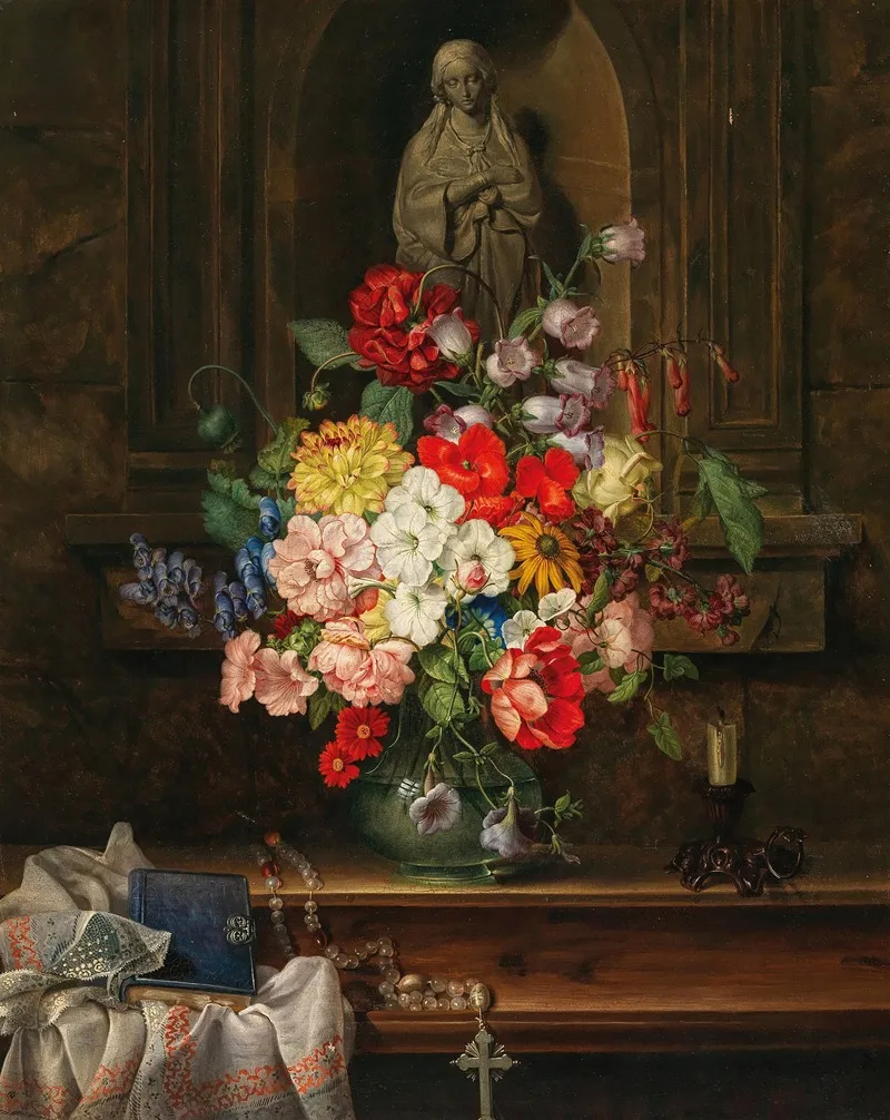 Madonna In A Niche With A Sumptuous Bouquet Of Flowers Wall Art by Leopold Brunner the Elder - High-Resolution Digital Print