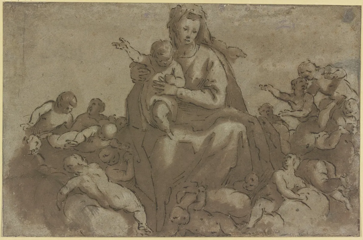 Madonna Mit Kind In Wolken Von Engeln Umgeben Wall Art by Leonardo Corona - High-Resolution Digital Print