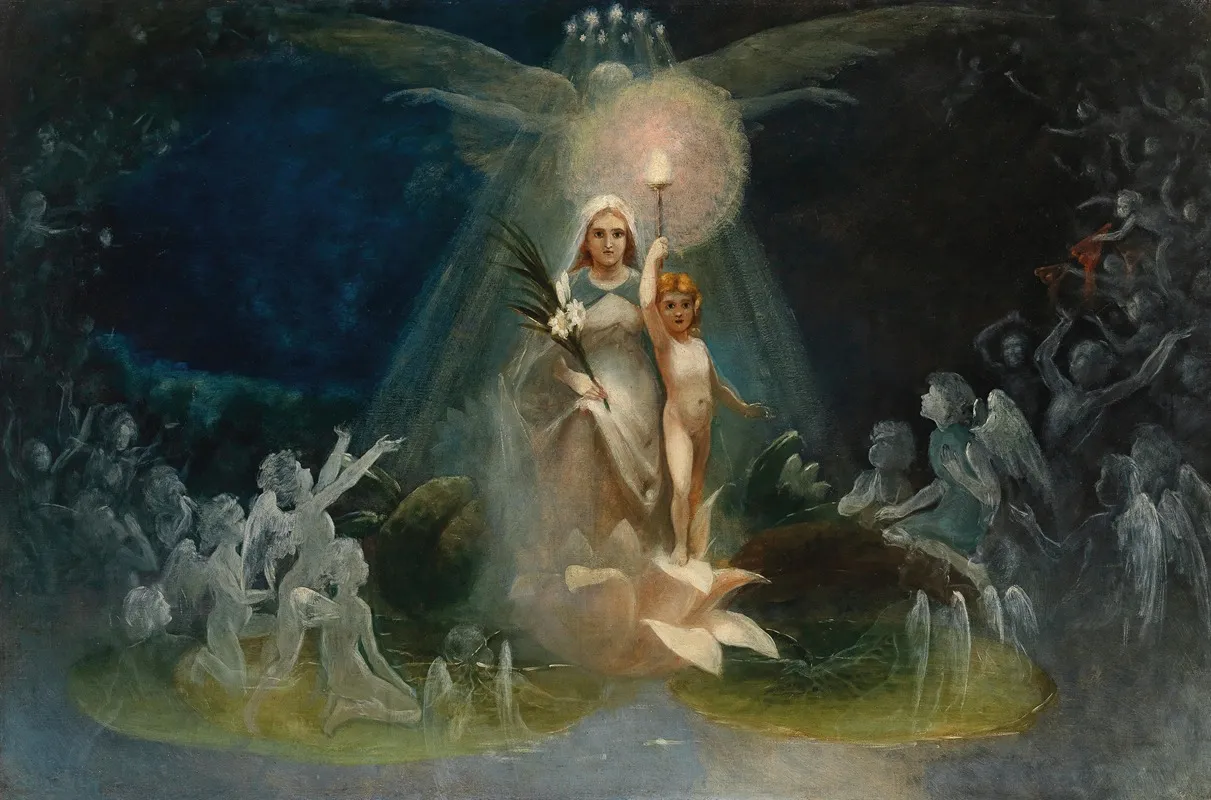Madonna On Lotus Petal With Angelic Figures Wall Art by Circle of Hugo Höppener (Fidus) - High-Resolution Digital Print