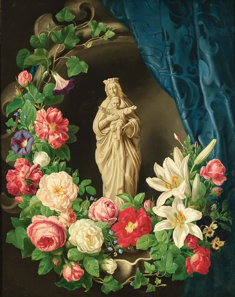Madonna With Child In A Floral Tendrils Of Roses Lilies And Vetches Wall Art by Josef Lauer - High-Resolution Digital Print