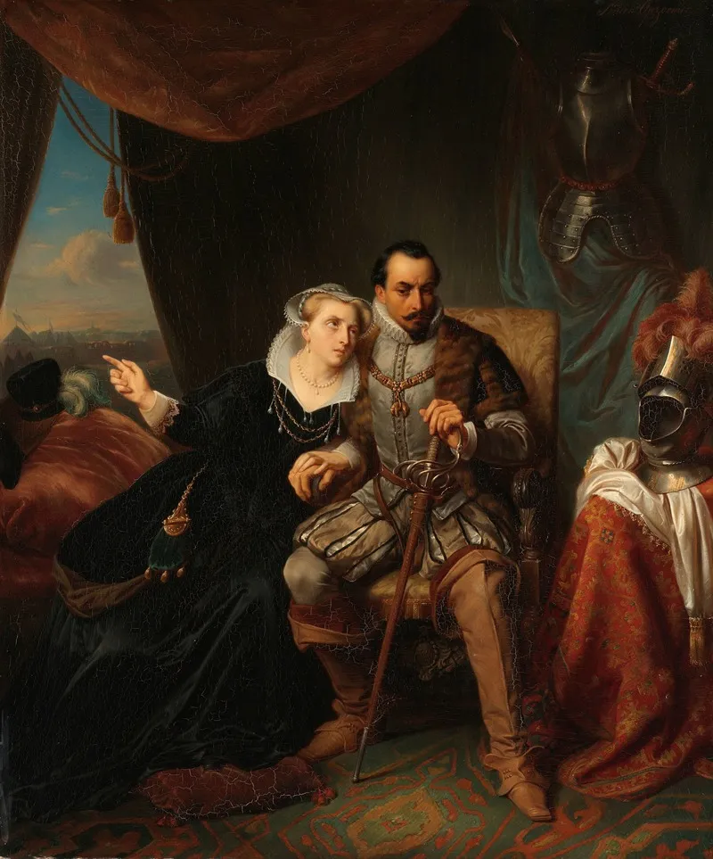 Magdalena Moons Begs Her Fiance Francisco Valdez To Postpone The Storming Of Leiden Another Night 1574 Wall Art by Simon Opzoomer - High-Resolution Digital Print