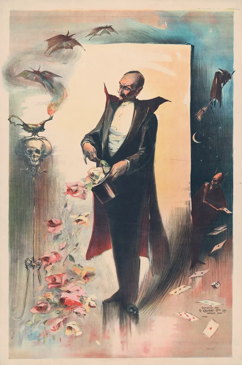 Magician Pulling Roses Out Of Top Hat Surrounded By Supernatural Being Wall Art by Calvert Litho. Co - High-Resolution Digital Print