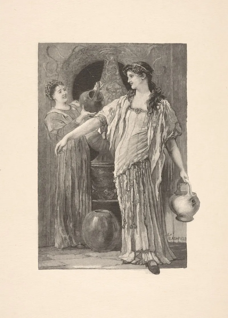 Maid Pouring Water Over Womans Arm Wall Art by Edwin Howland Blashfield - High-Resolution Digital Print